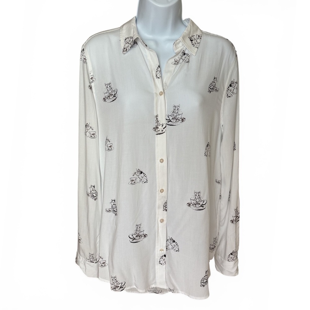 Cat Teacup Novelty Print Hi Low Ivory Blouse Top Medium